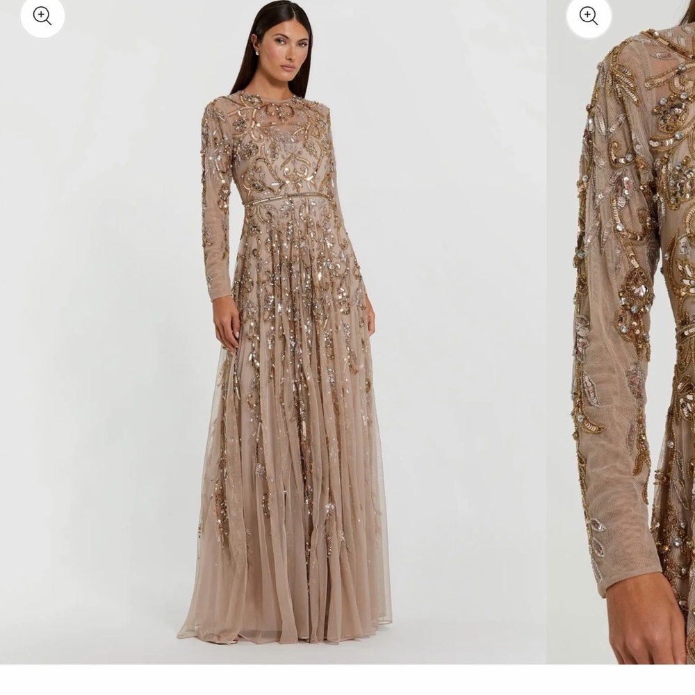 Mac Duggal Beige Long Sleeve Hand Embellished Gown